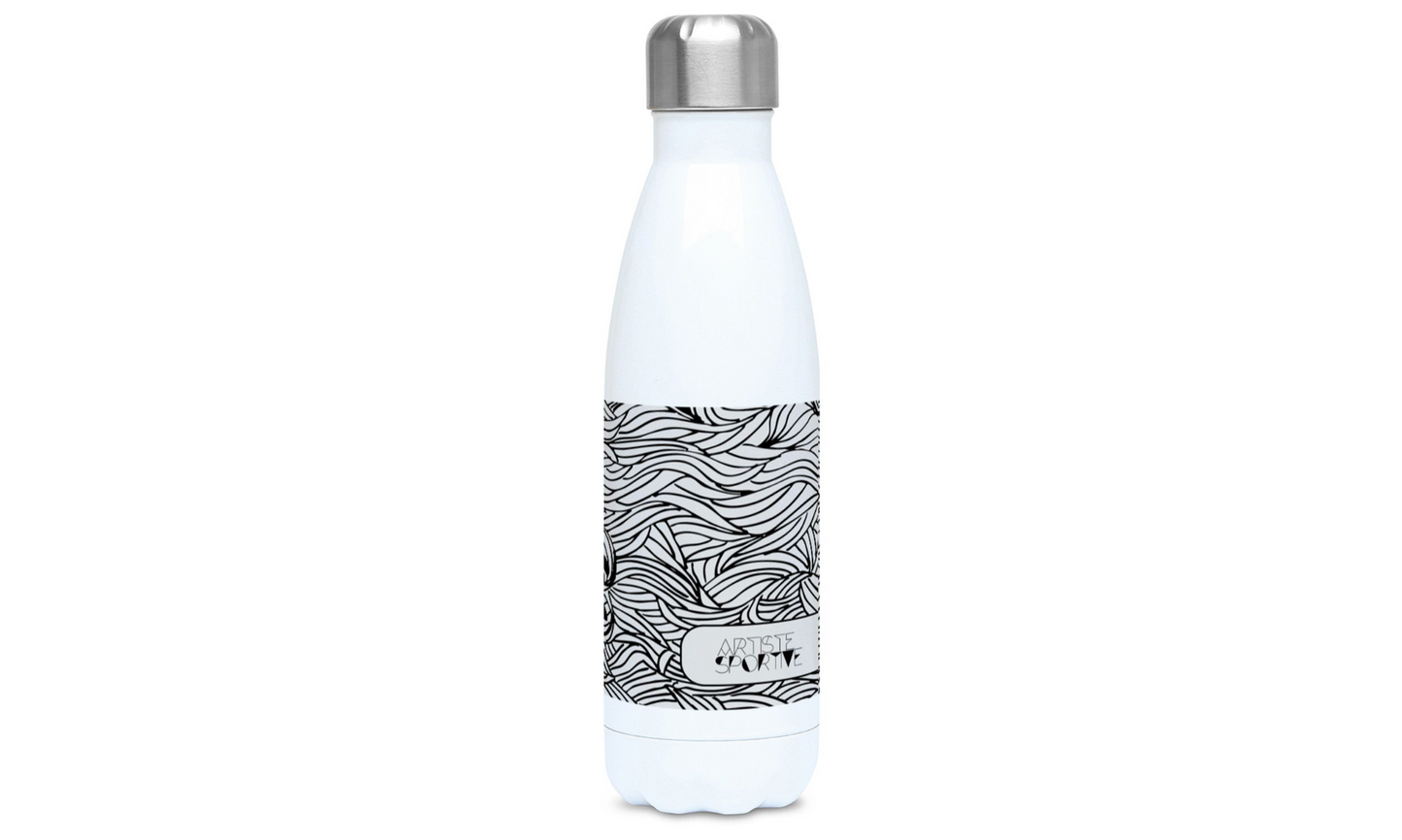 a white water bottle with a black and white design on it