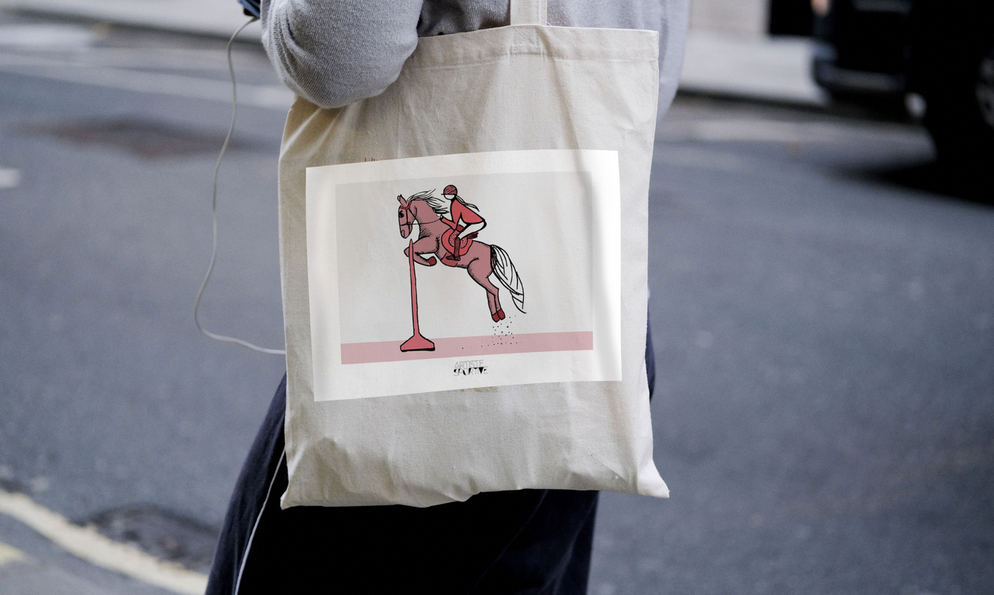 a person carrying a bag with a picture of a horse on it