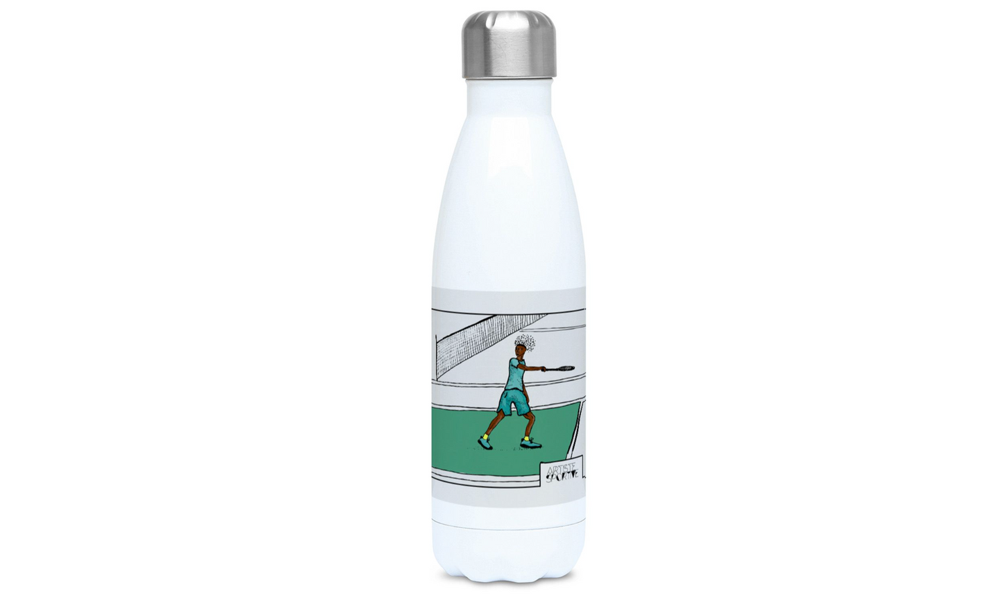a water bottle with a picture of a tennis player