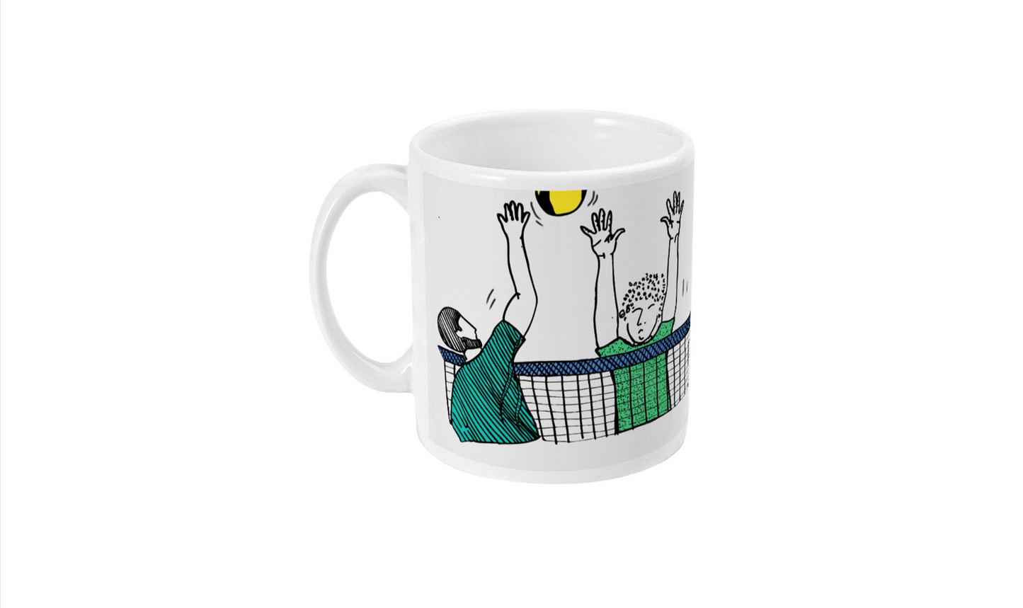 a white coffee mug with a drawing of a tennis player