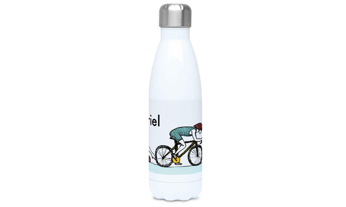 a water bottle with a picture of a person riding a bike