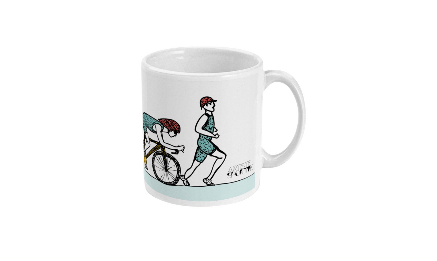 a white coffee mug with a picture of a man riding a bike