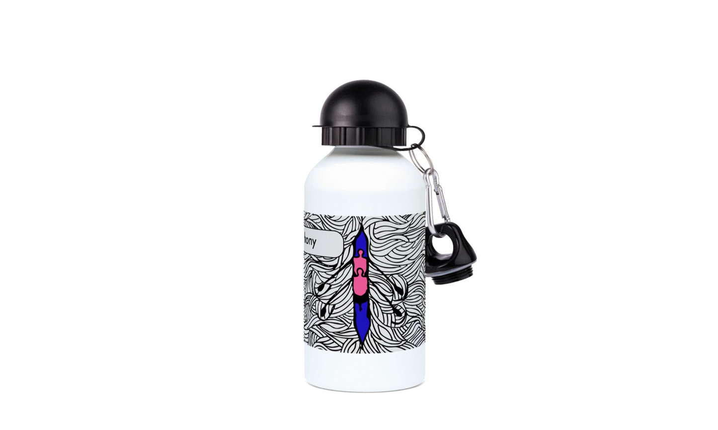 a water bottle with a keychain attached to it