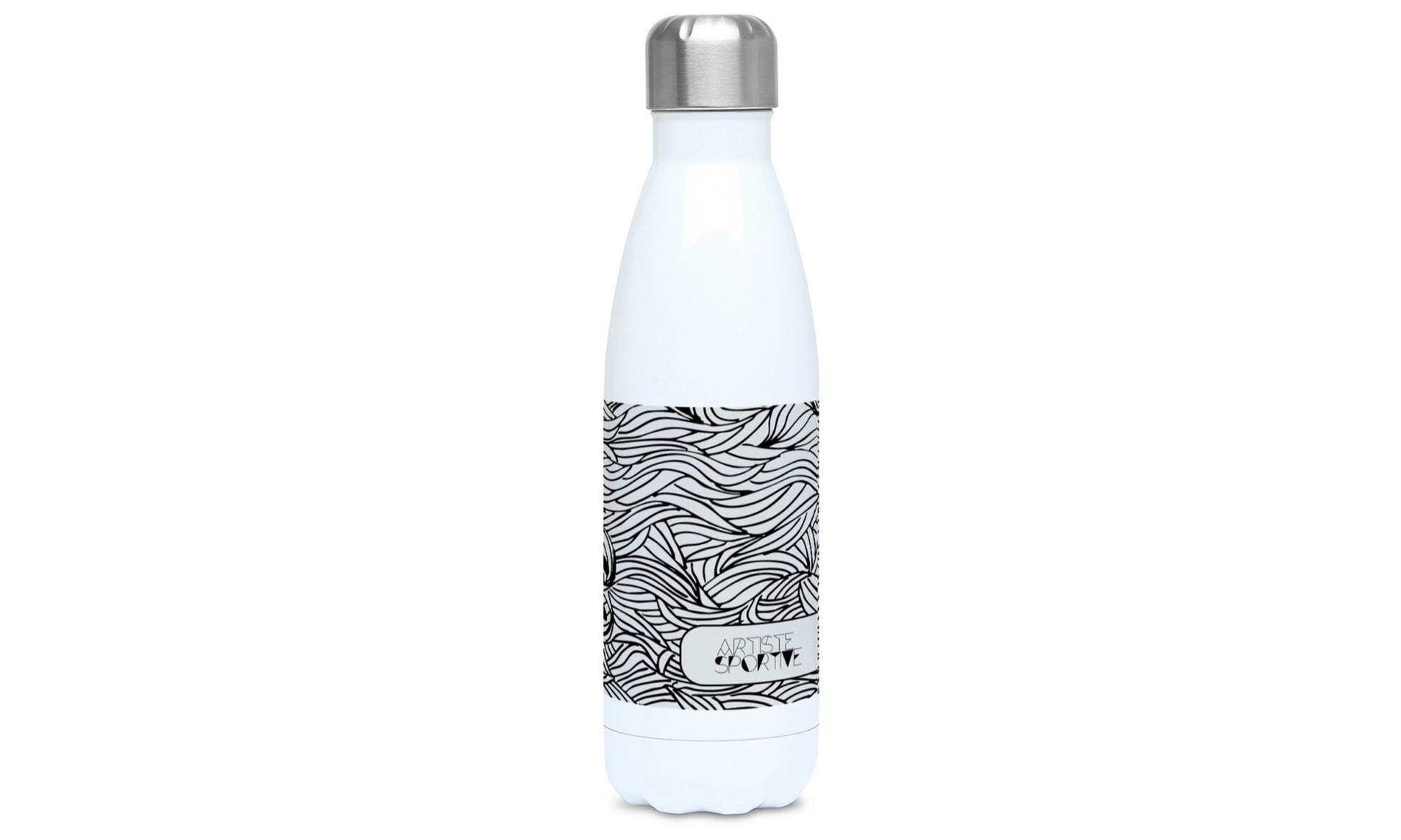 a white water bottle with a black and white design on it