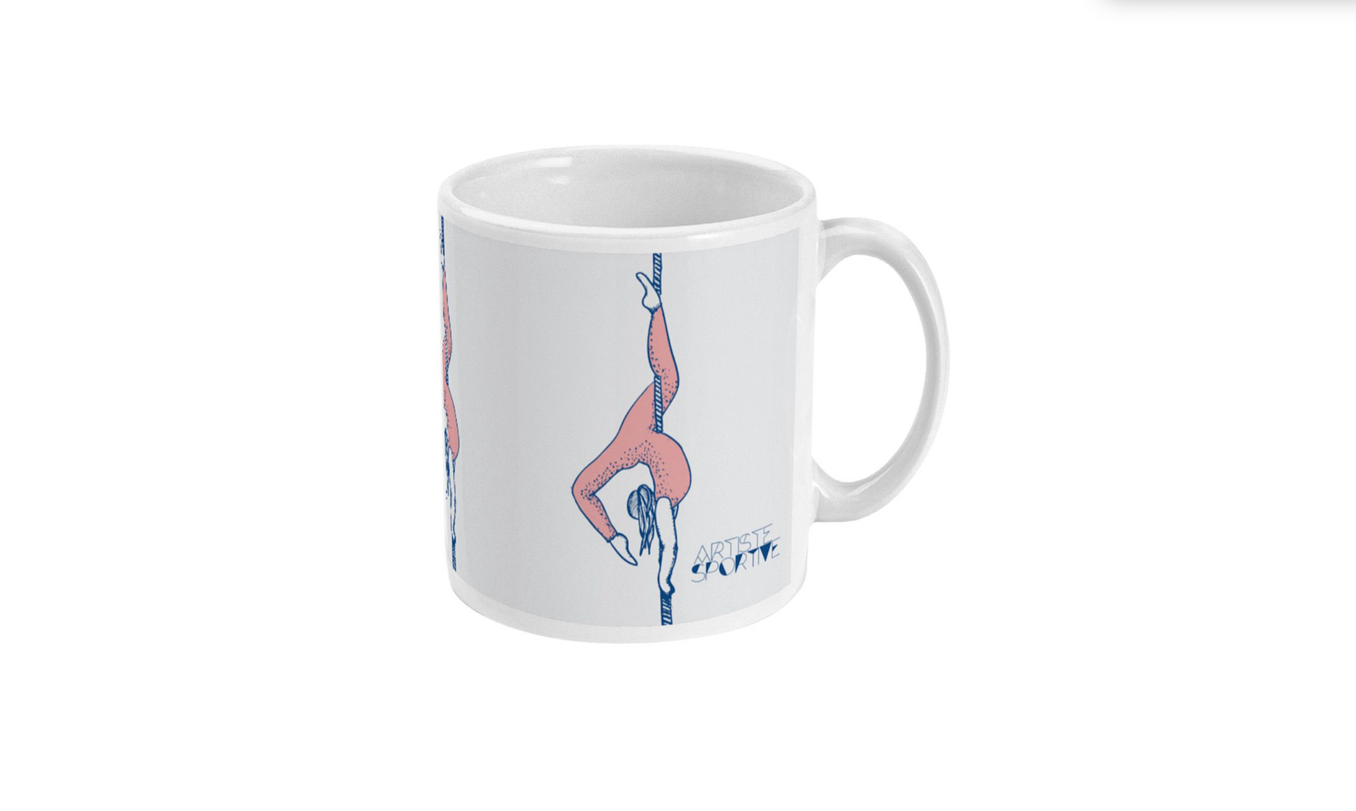 a white coffee mug with a picture of a woman doing a handstand