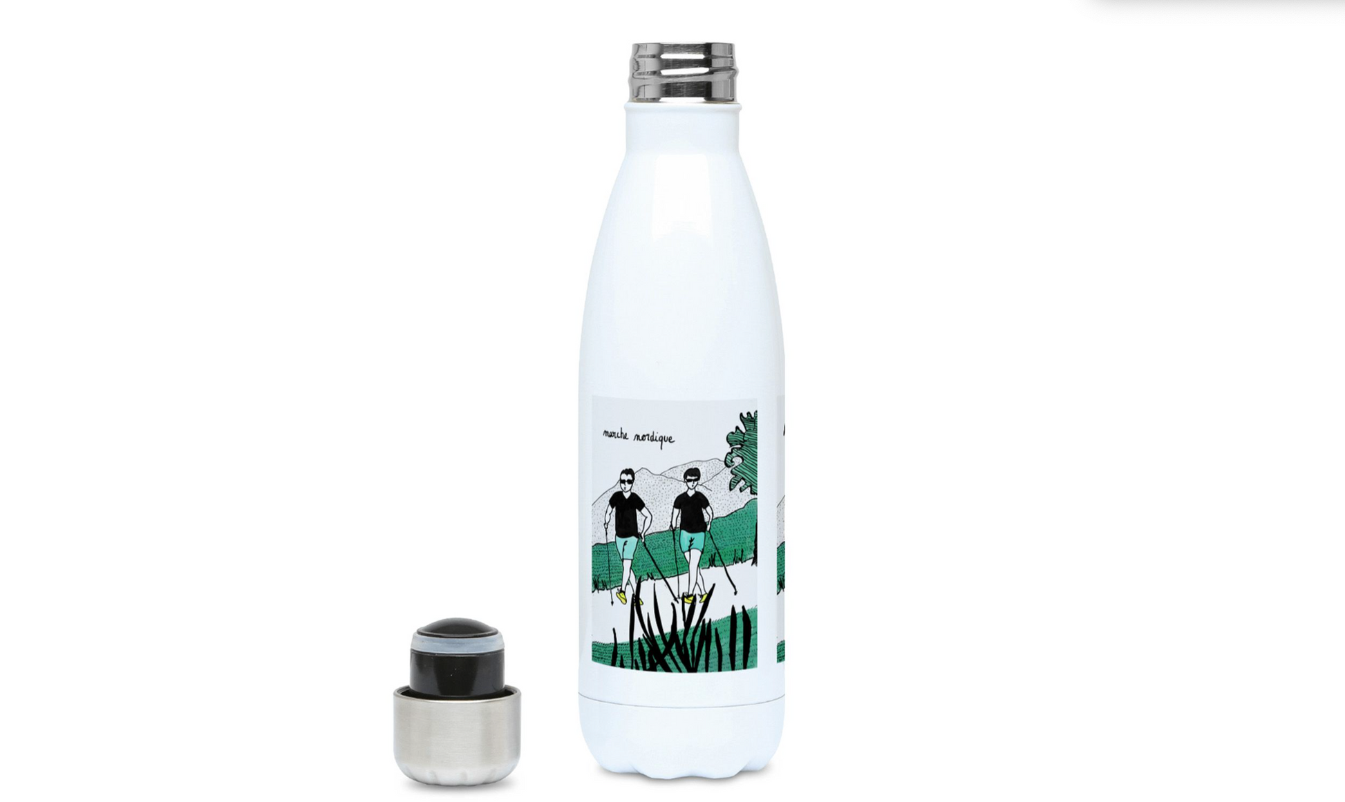 a bottle of water with a picture of two people on it
