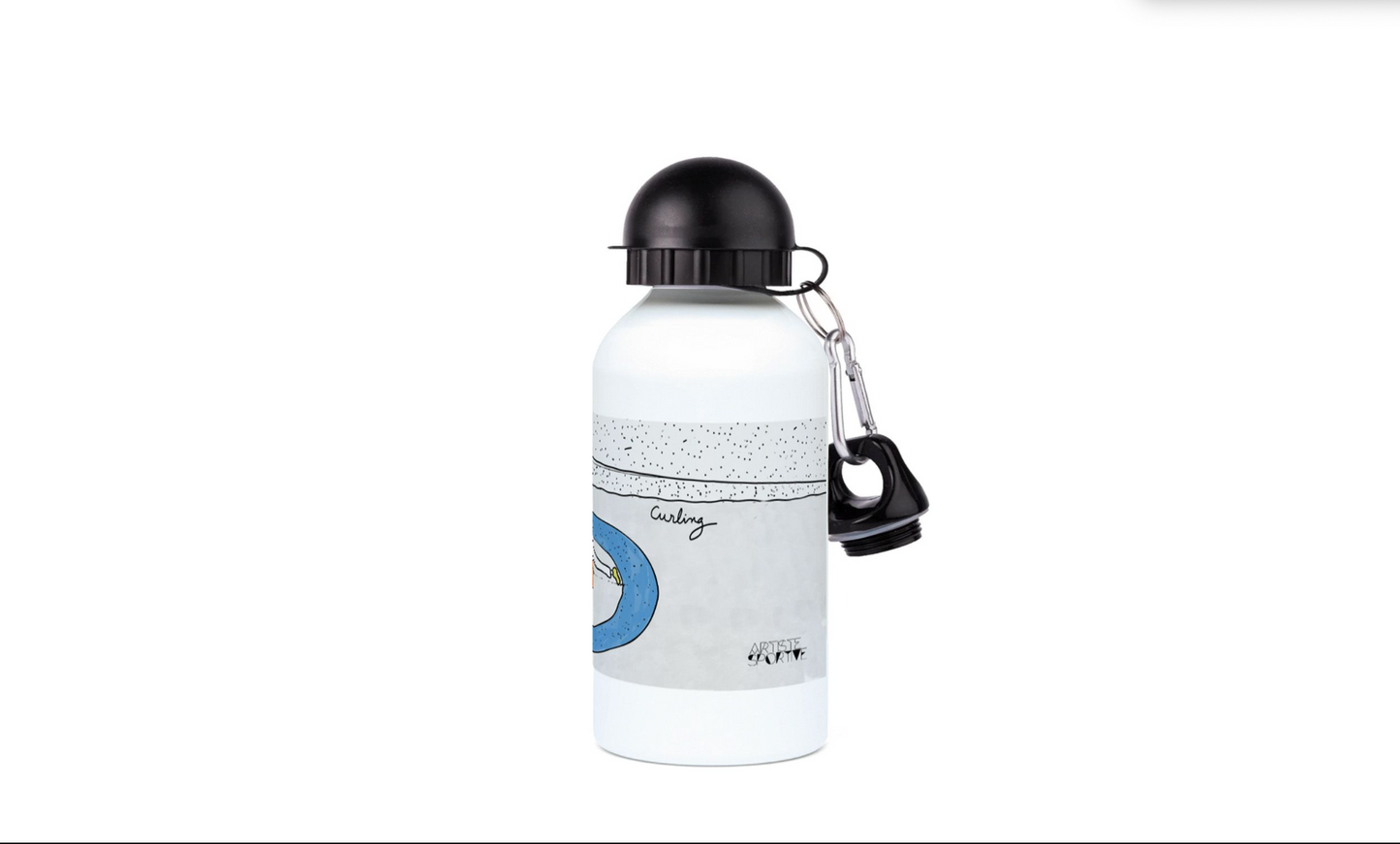 a white water bottle with a black cap