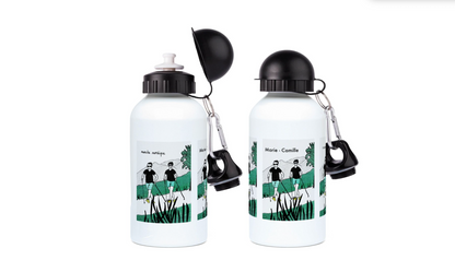 a pair of water bottles with a black handle