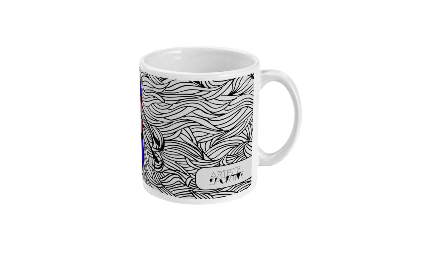 a white coffee mug with a picture of waves on it