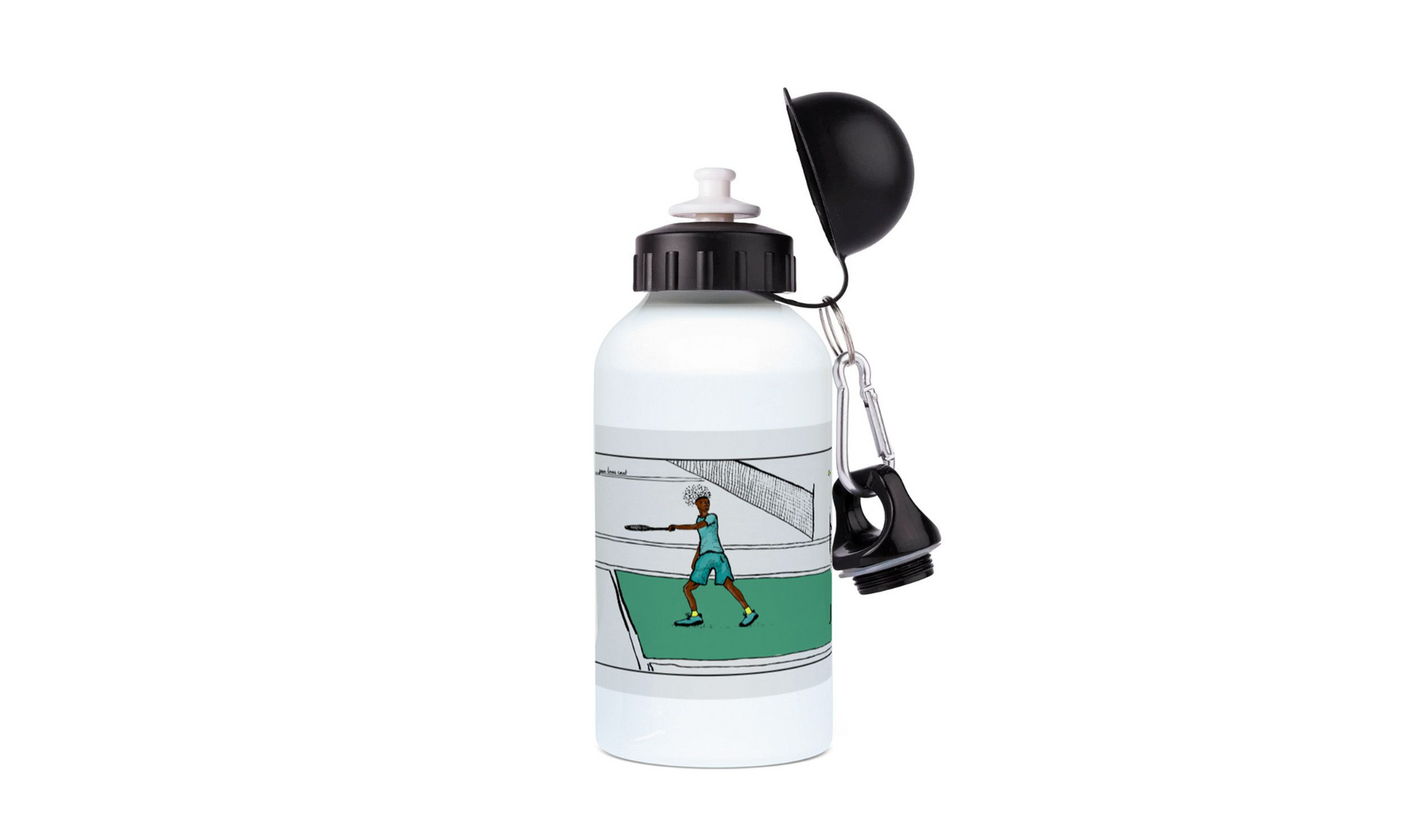 a water bottle with a tennis player on it