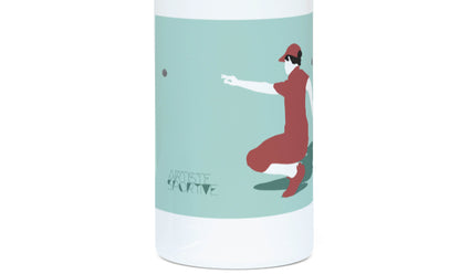 a water bottle with a picture of a man throwing a tennis ball