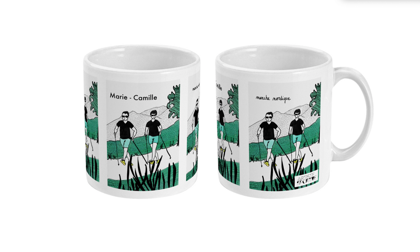 two coffee mugs with a picture of a man and a woman on them