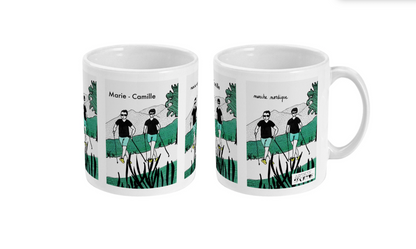 two coffee mugs with a picture of a man and a woman on them