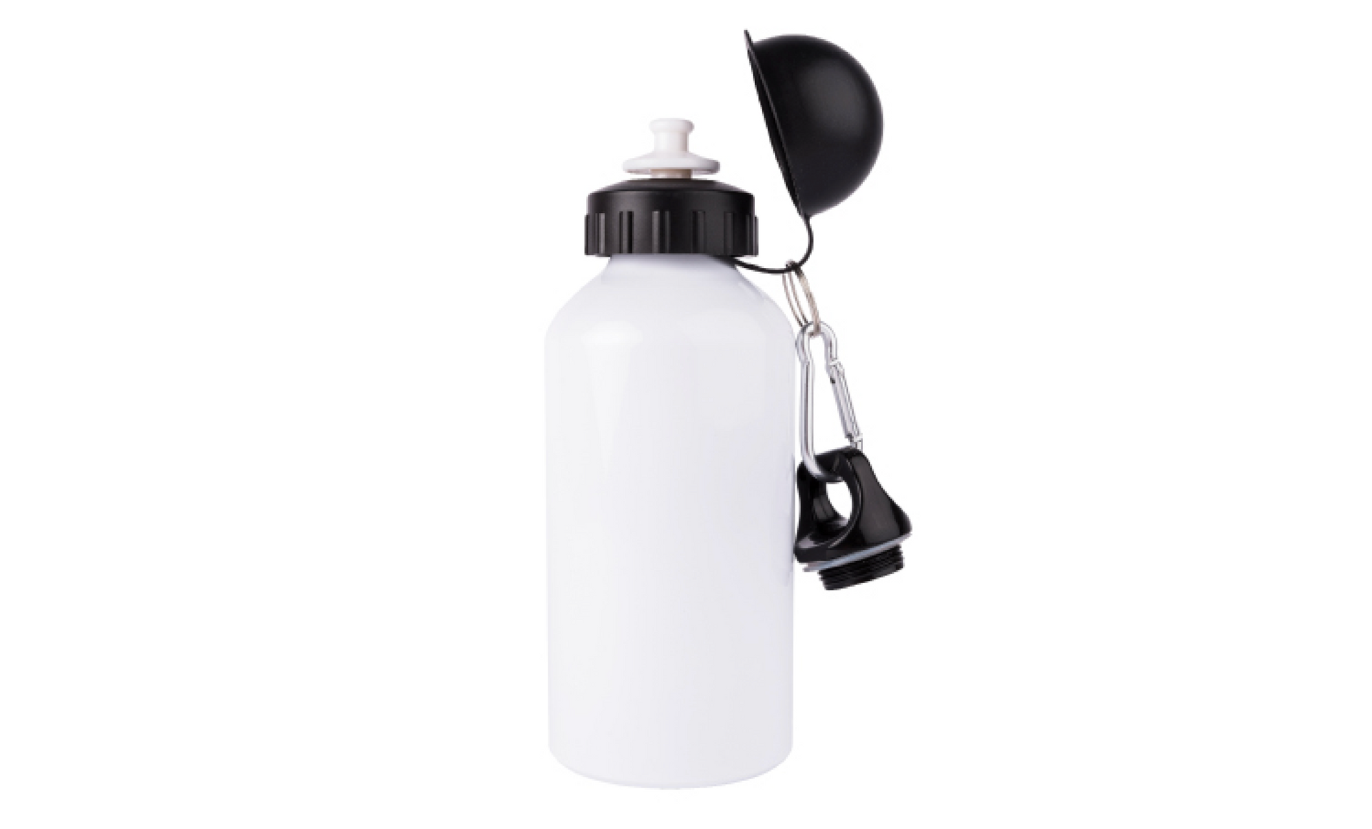 a white water bottle with a black handle