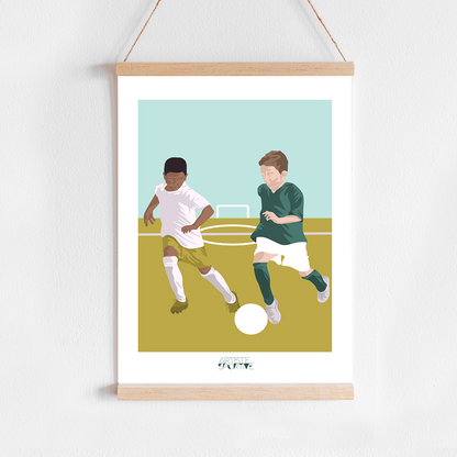 a picture of two people playing soccer on a field