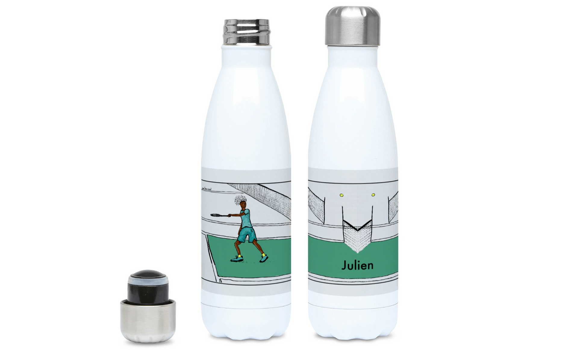 a bottle with a picture of a tennis player on it