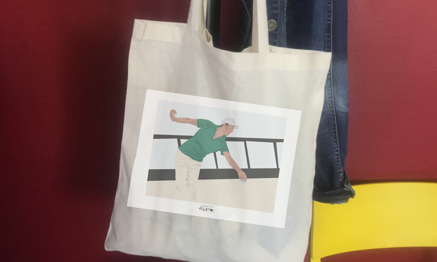 a white bag with a picture of a man on it