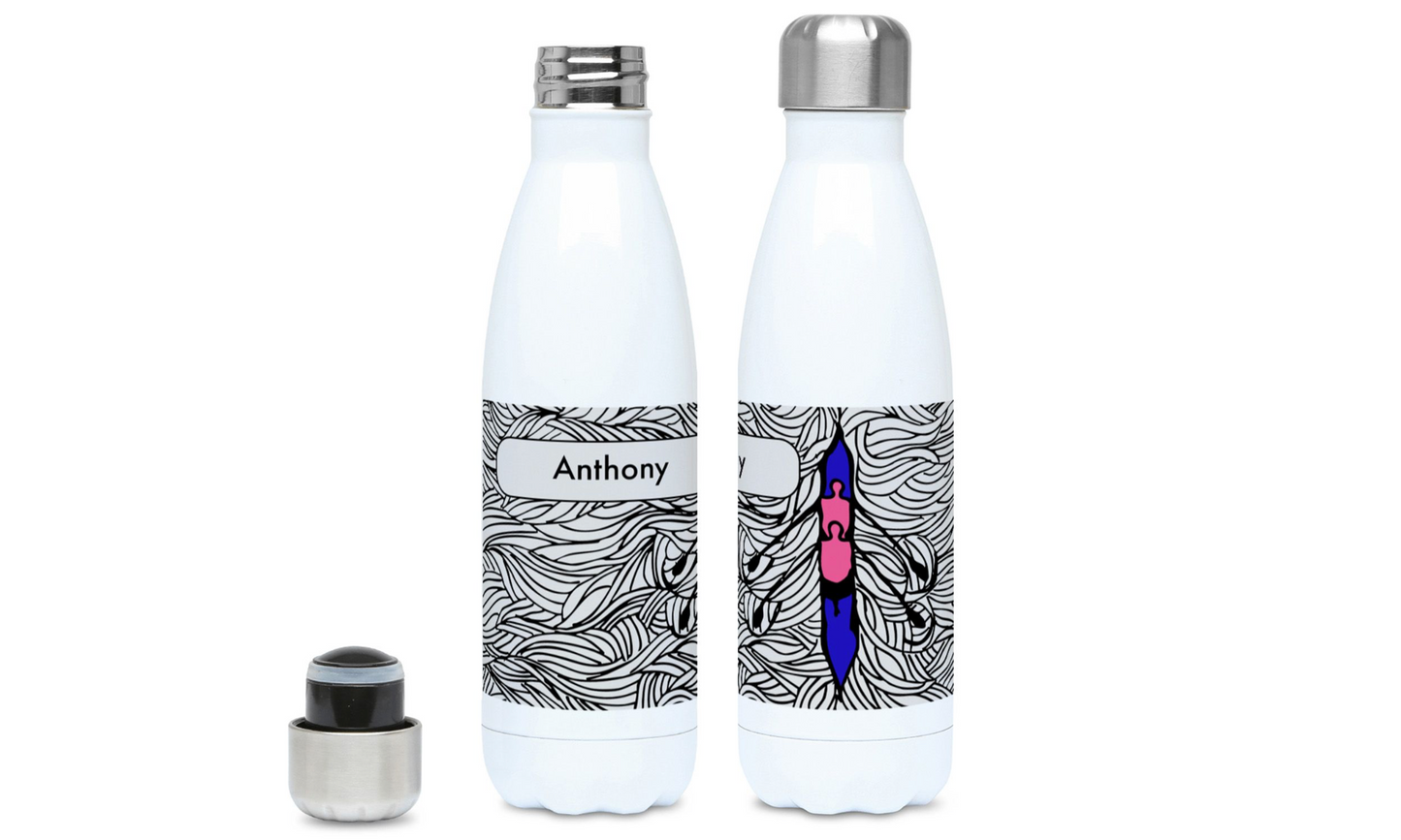 two water bottles with a design on them