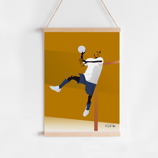 a poster hanging on a wall of a man kicking a soccer ball