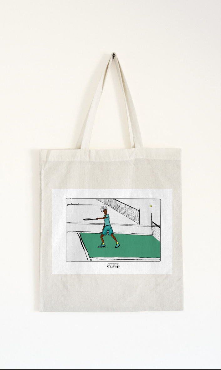 a tote bag with a drawing of a person playing tennis