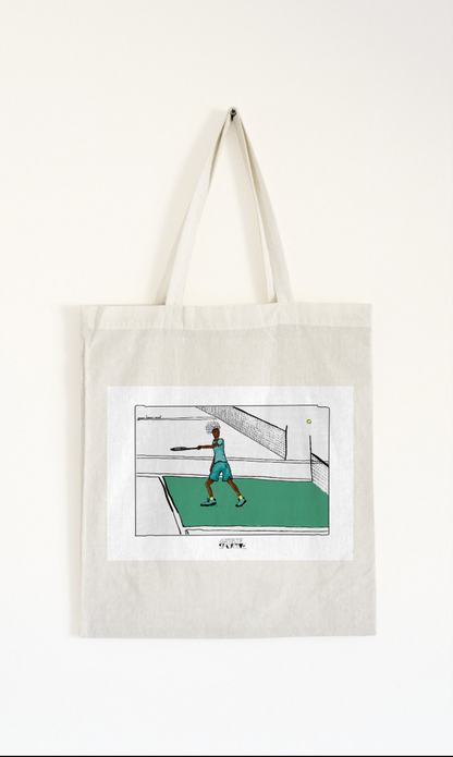 a tote bag with a drawing of a person playing tennis