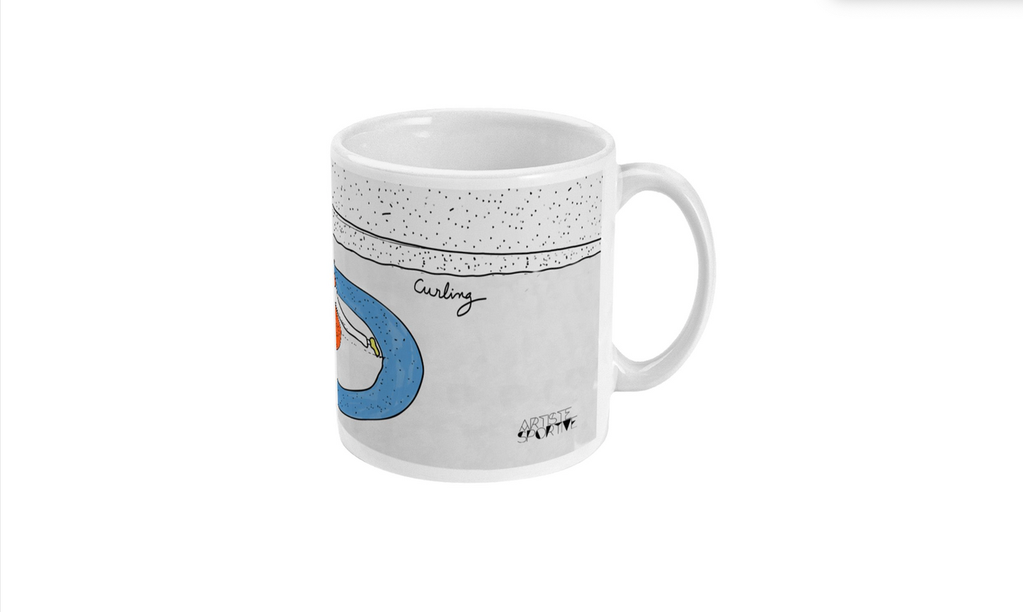 a white coffee mug with a picture of a surfer on it
