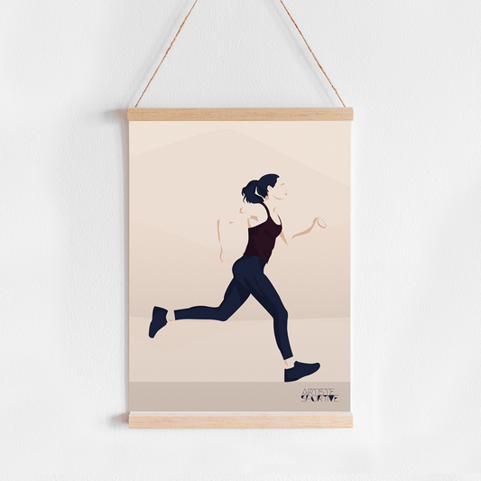 a picture of a woman running on a white wall