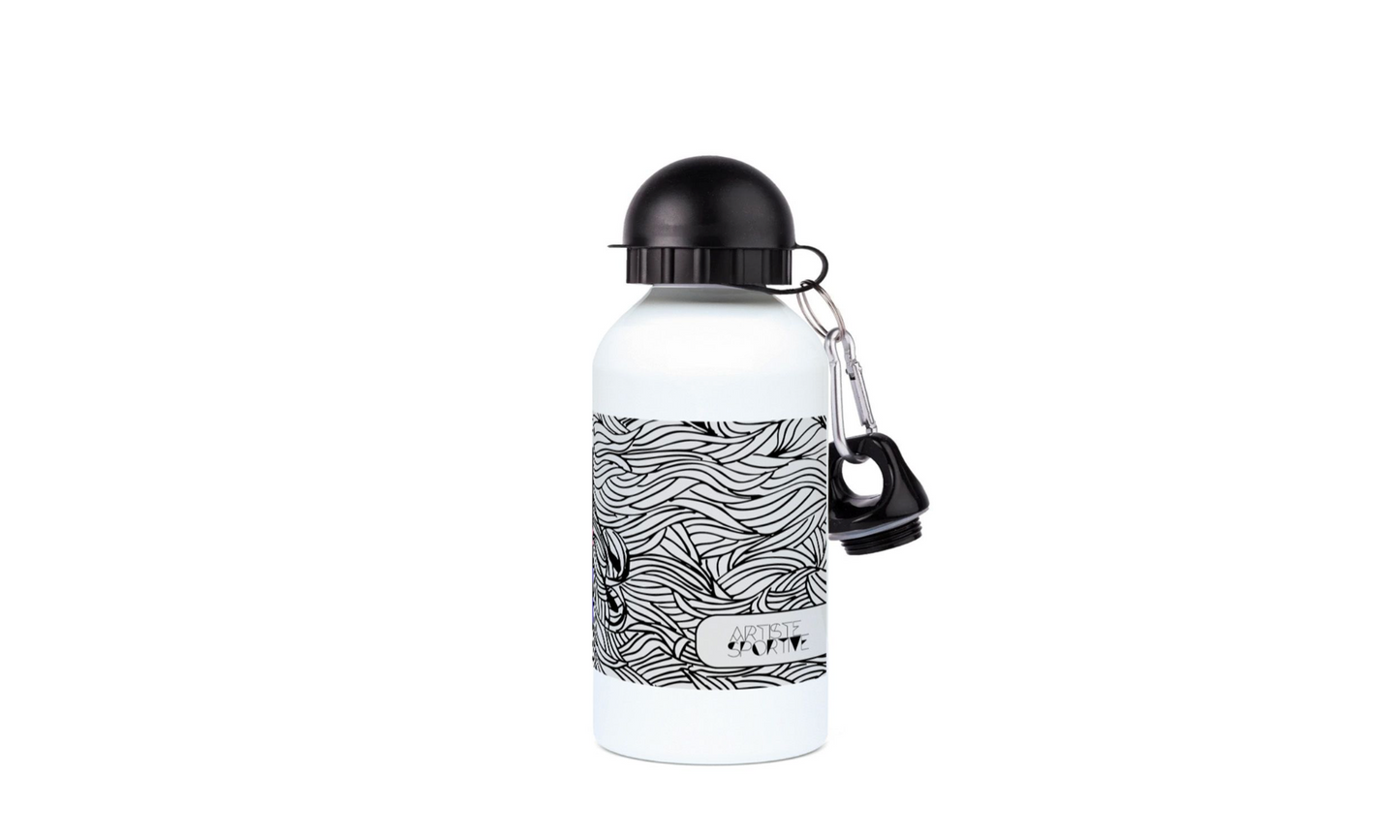 a white and black water bottle with a black cap