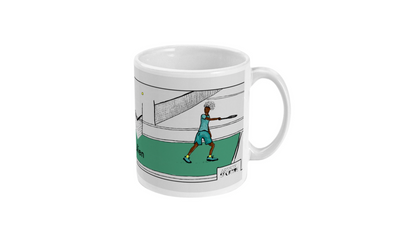 a coffee mug with a picture of a man playing tennis