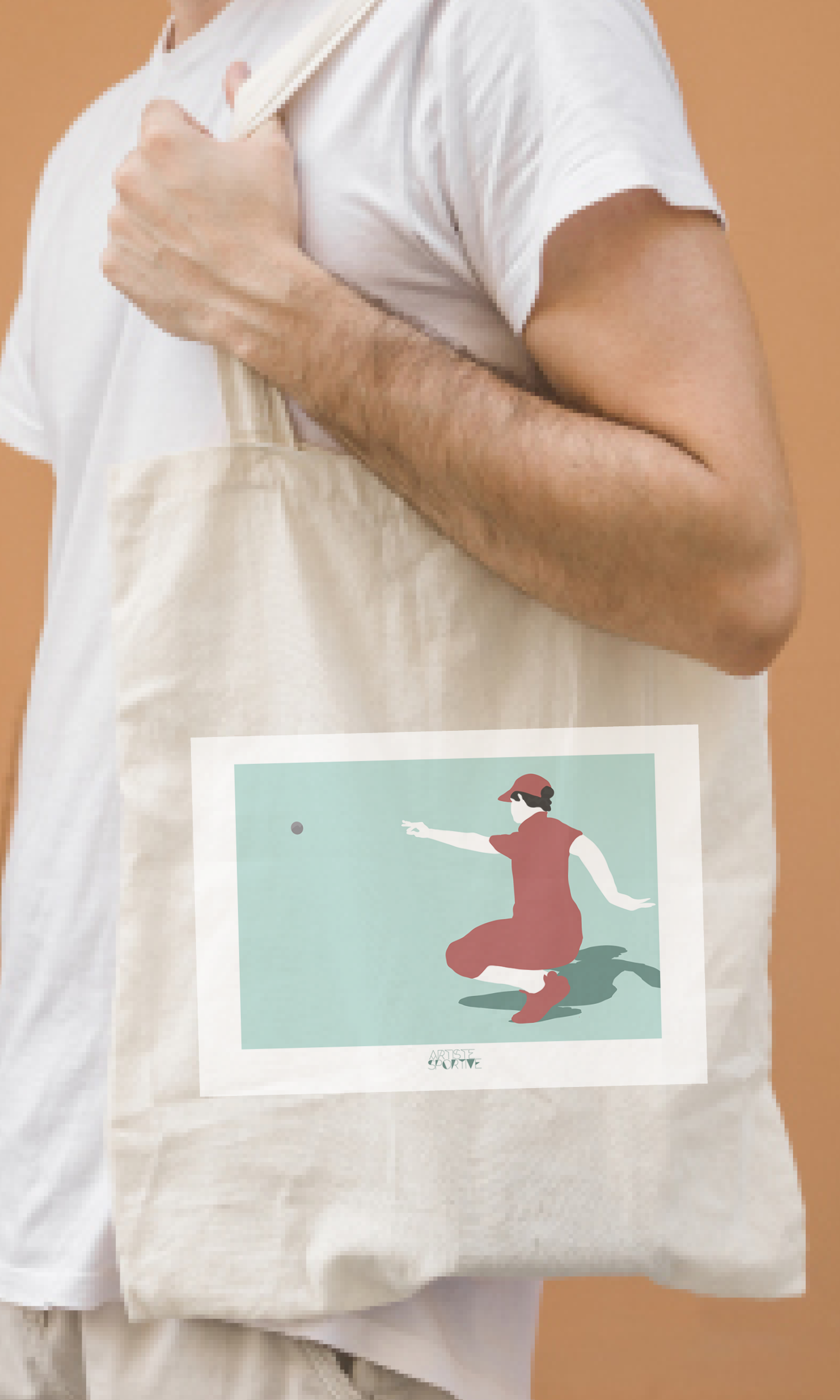 a man holding a bag with a picture of a woman on it