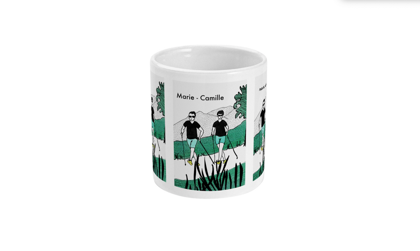 a coffee mug with a picture of two people on it