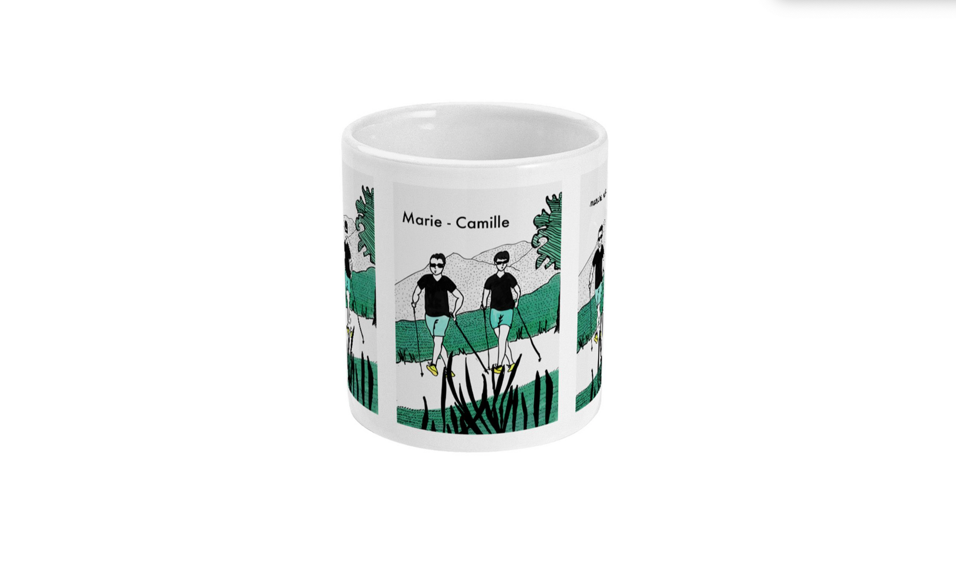 a coffee mug with a picture of two people on it