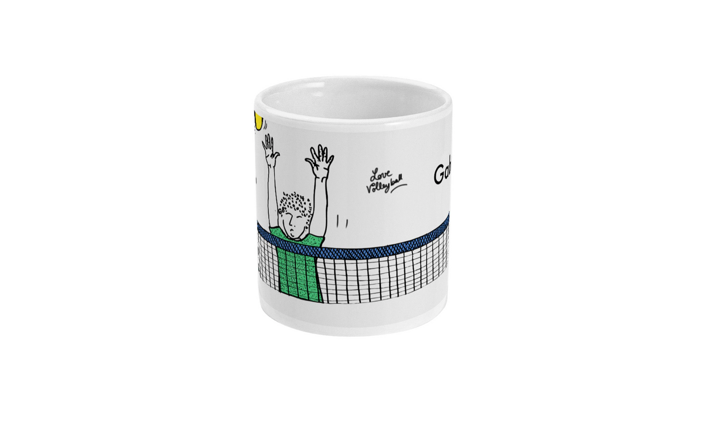 a white coffee mug with a tennis player on it
