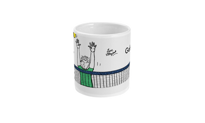 a white coffee mug with a tennis player on it