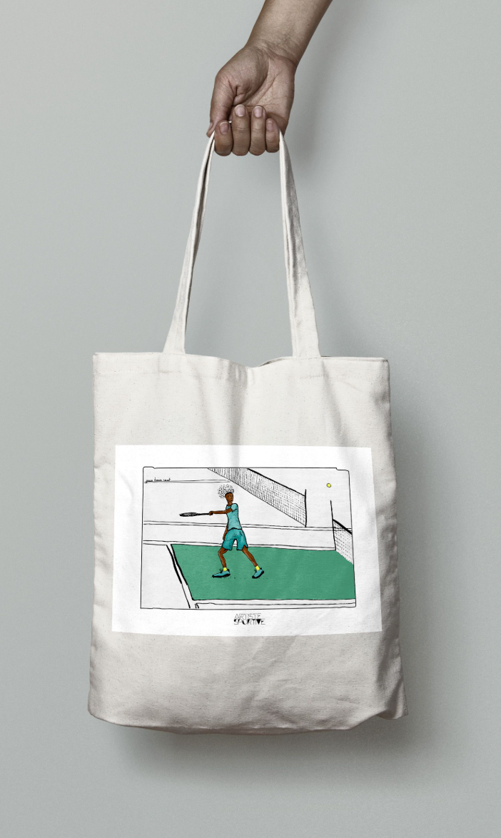 a person holding a white bag with a drawing of a person on a tennis court