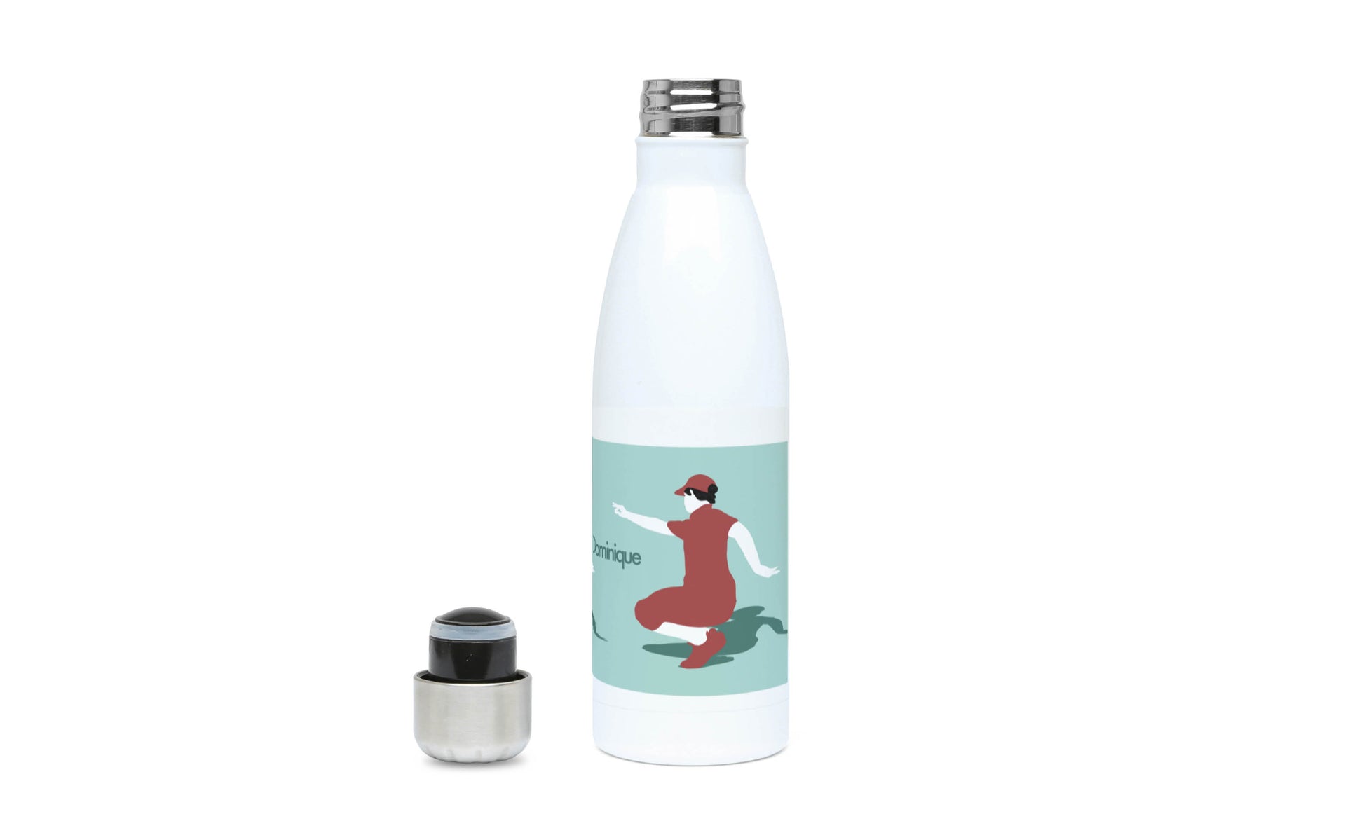 a water bottle with a picture of a woman running