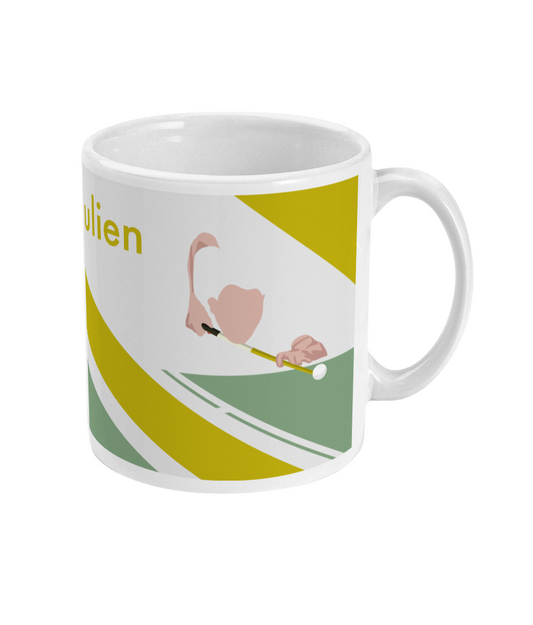 a white coffee mug with a pink flamingo on it