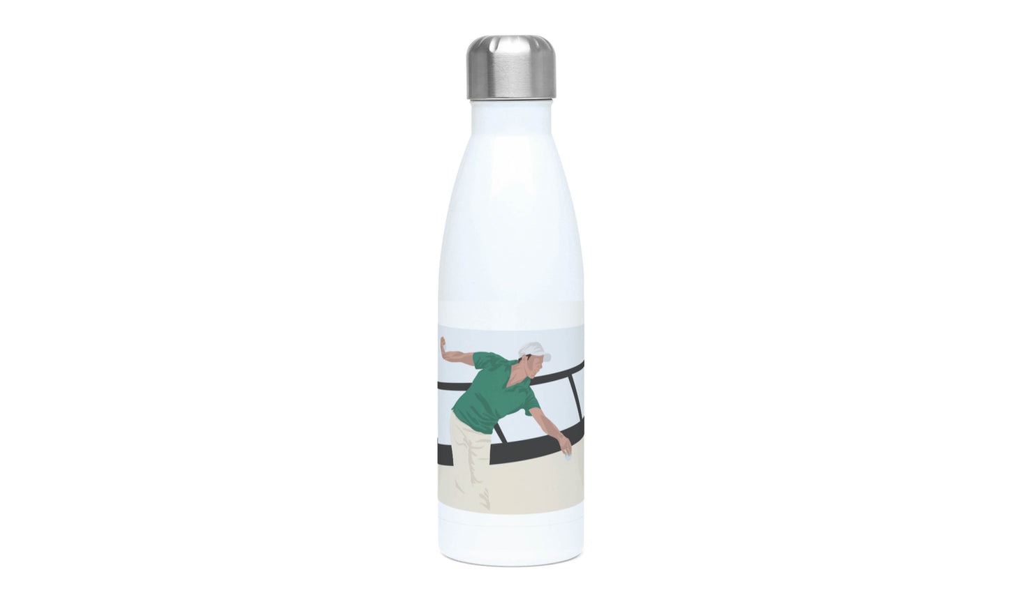 a white water bottle with a picture of a man on it