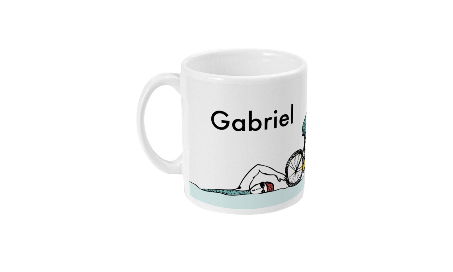 a white coffee mug with a picture of a person on it