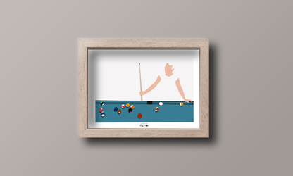 a framed picture of a man playing pool