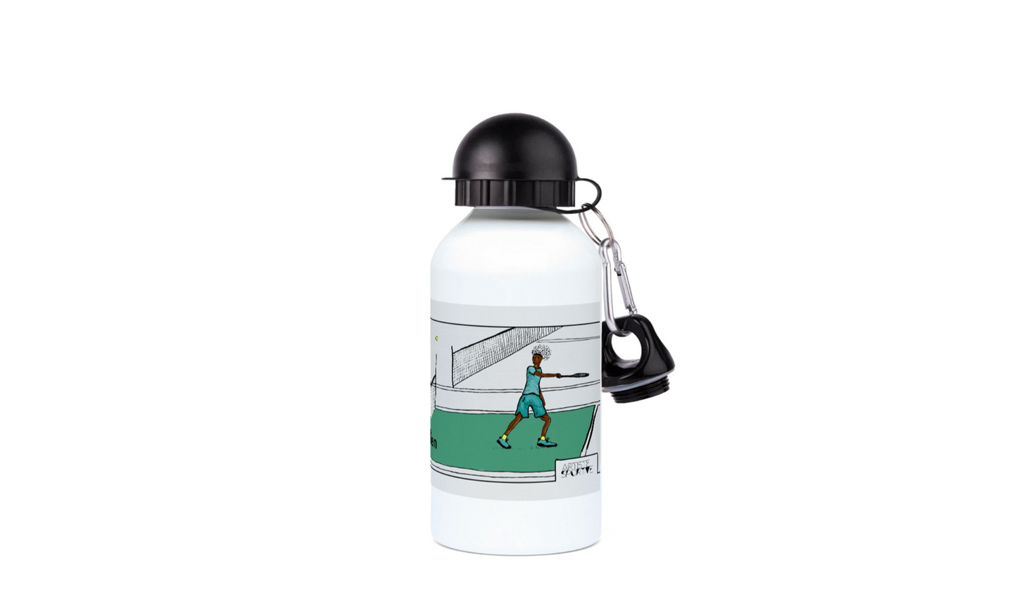 a water bottle with a tennis player on it