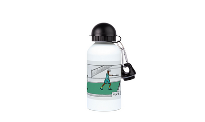 a water bottle with a tennis player on it