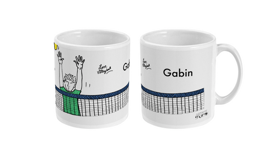 two white coffee mugs with a picture of a tennis player
