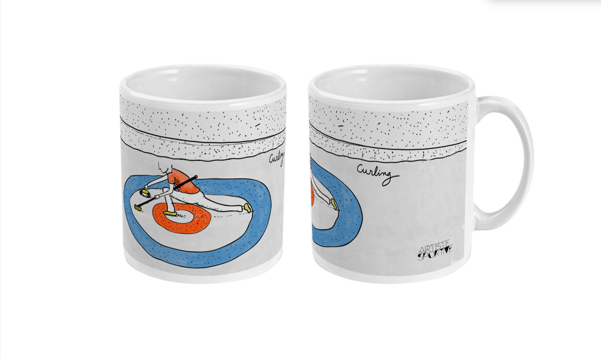 two coffee mugs with a picture of a man riding a surfboard