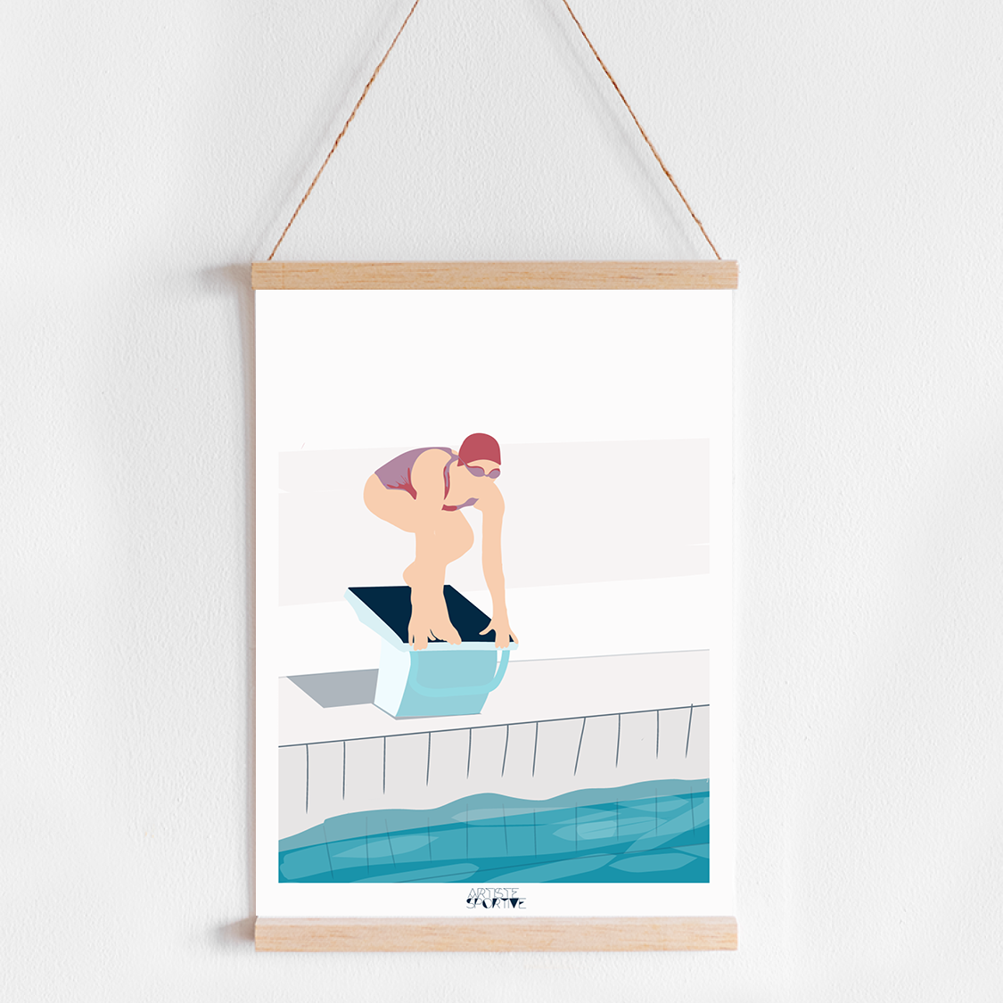 a picture hanging on a wall of a woman in a swimming pool