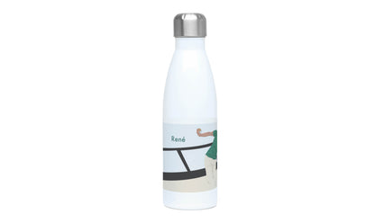 a white water bottle with a picture of a man on a surfboard