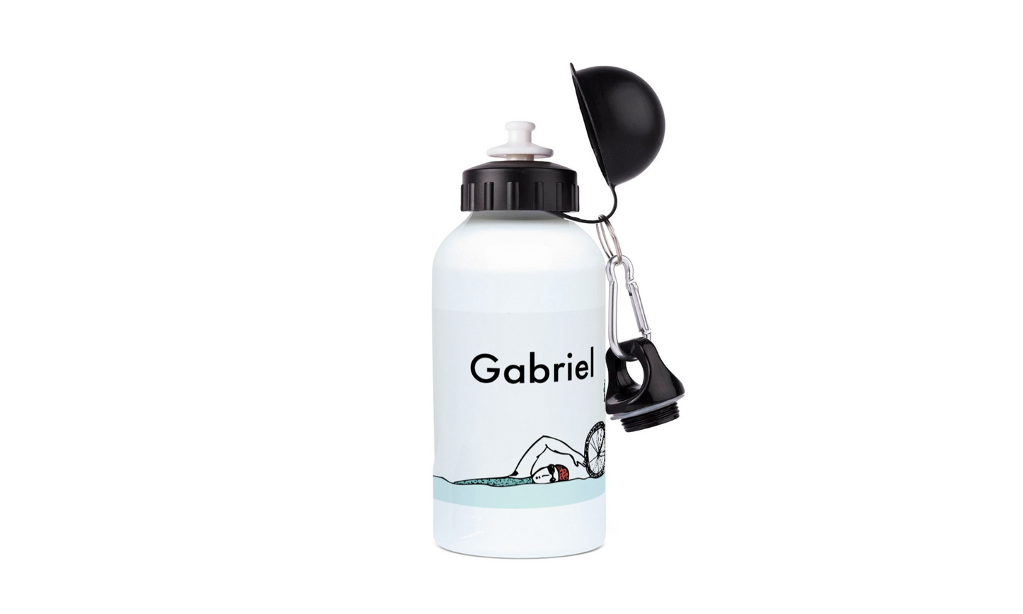 a white water bottle with a black handle