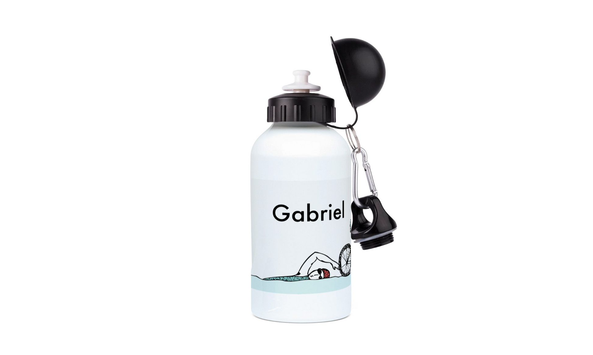 a white water bottle with a black handle