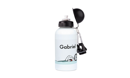 a white water bottle with a black handle