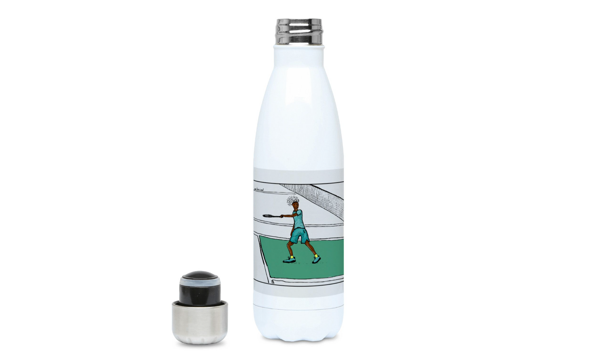 a water bottle with a picture of a tennis player on it